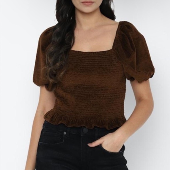 American Eagle Outfitters Brown Smocked Corduroy Puffed Top Size Small - Picture 1 of 6
